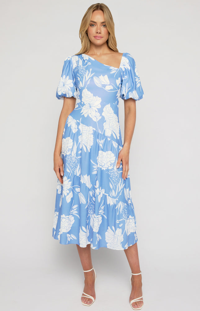 Leah Asymmetrical Midi Dress | Blue Floral