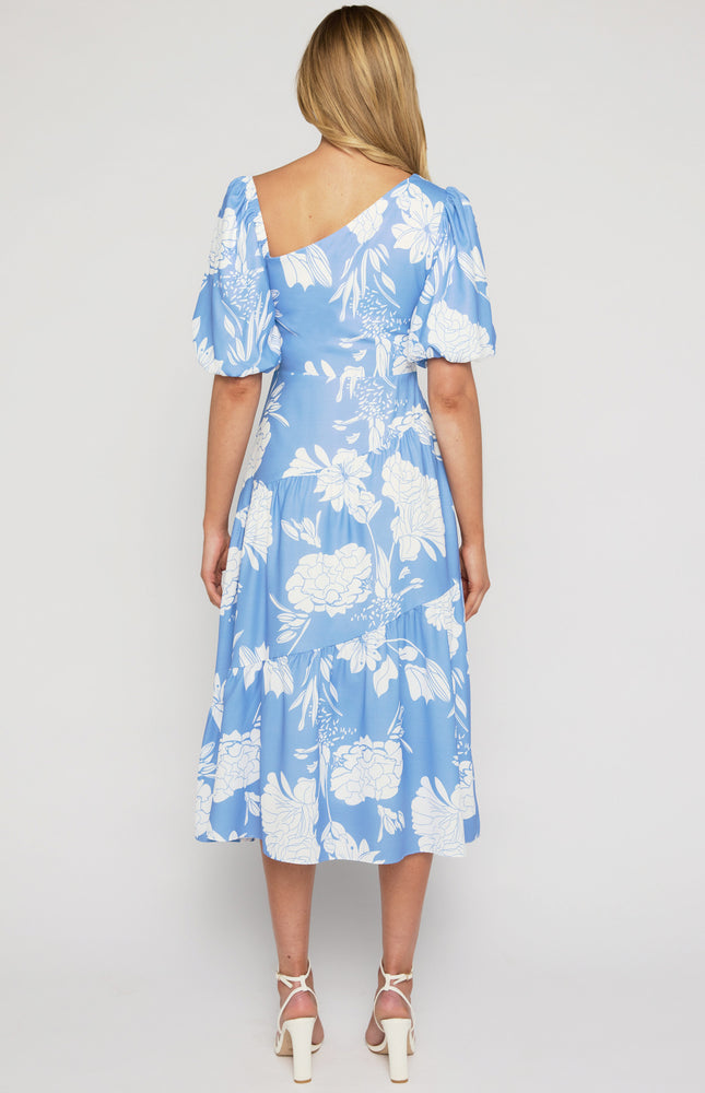 
                  
                    Leah Asymmetrical Midi Dress | Blue Floral
                  
                